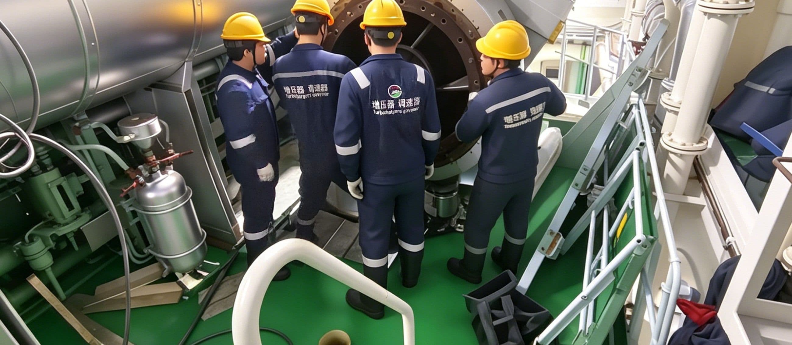 Engineer inspecting a large turbocharger impeller onboard a vessel
